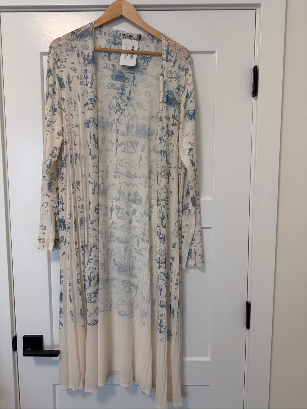 Pink Porcupine Light Cream & Blue Printed Long Open Cardigan